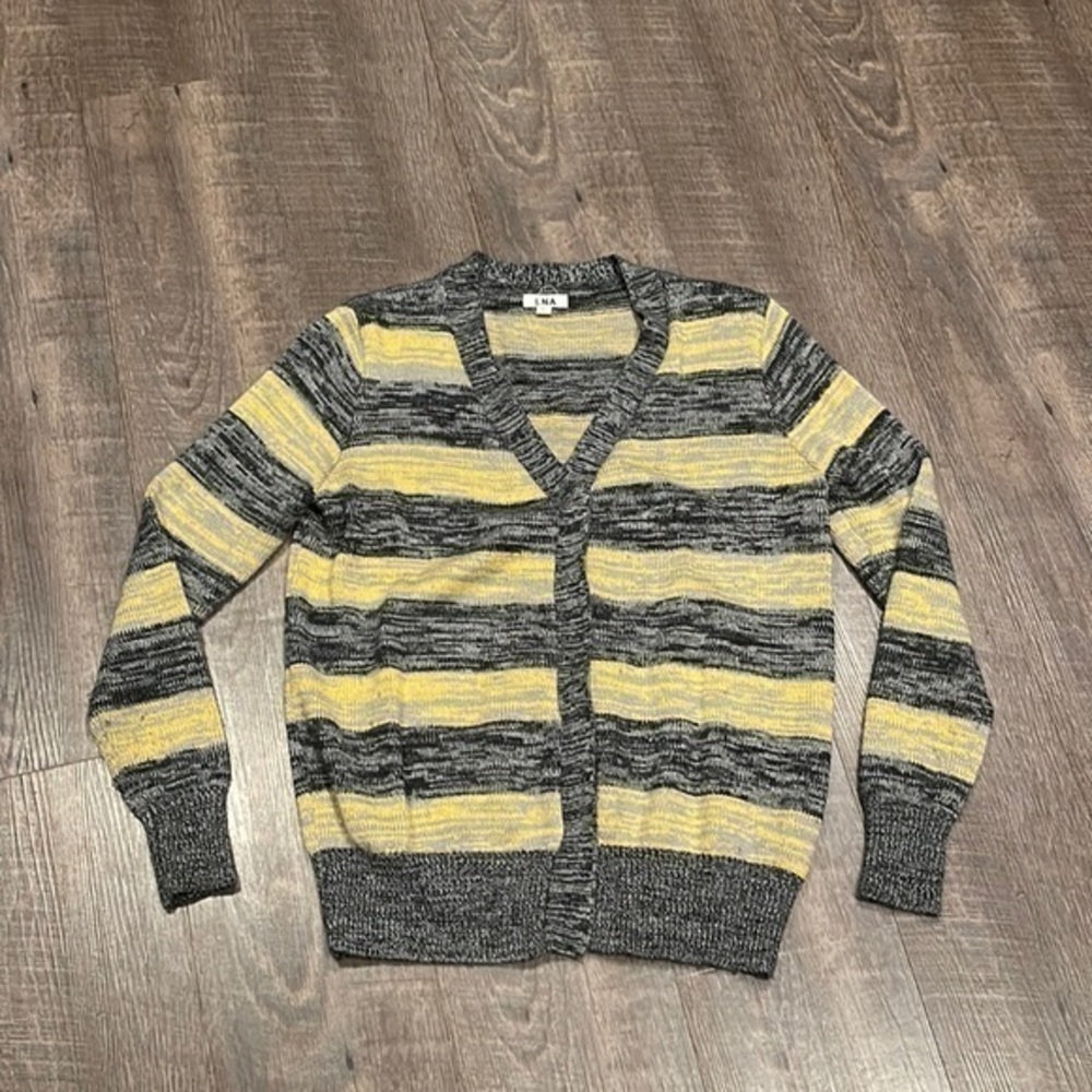 LNA snap front cardigan, sweater, striped yellow black with a bit of gray
